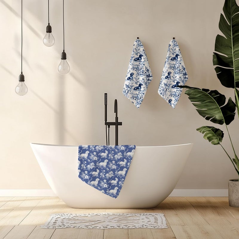 Nipil Chinoiserie Dachshund Kitchen Towels Set of 3, Blue and White Floral Botanical Dachshund Decorative Dish Tea Towels, Grandmillennial Weiner Dog Hand Towels for Kitchen Bathroom, 16x24 Inch - Image 3